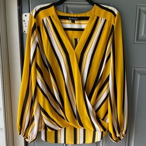 INC. Faux wrap blouse in yellow, black and white sz L